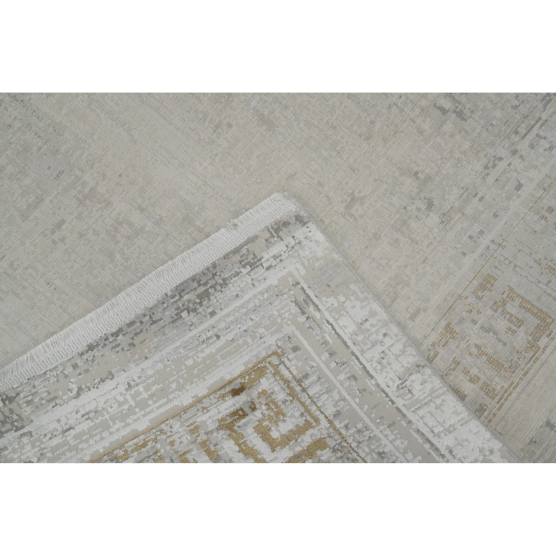 Machine Made Oriental Polyester Carpet Bordered Greys & Charcoal Distressed Area Rug - 7' 5'' X 5' 2''