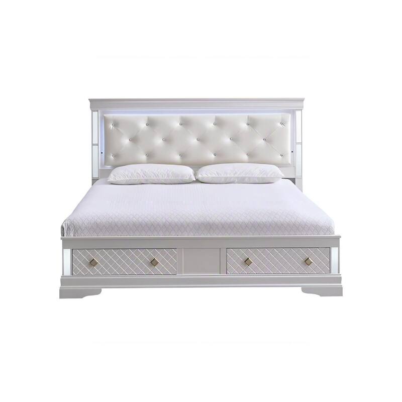 Queen Bed with LED Accent Lighting, Beige Faux Leather Headboard, and Wood Embossed Footboard