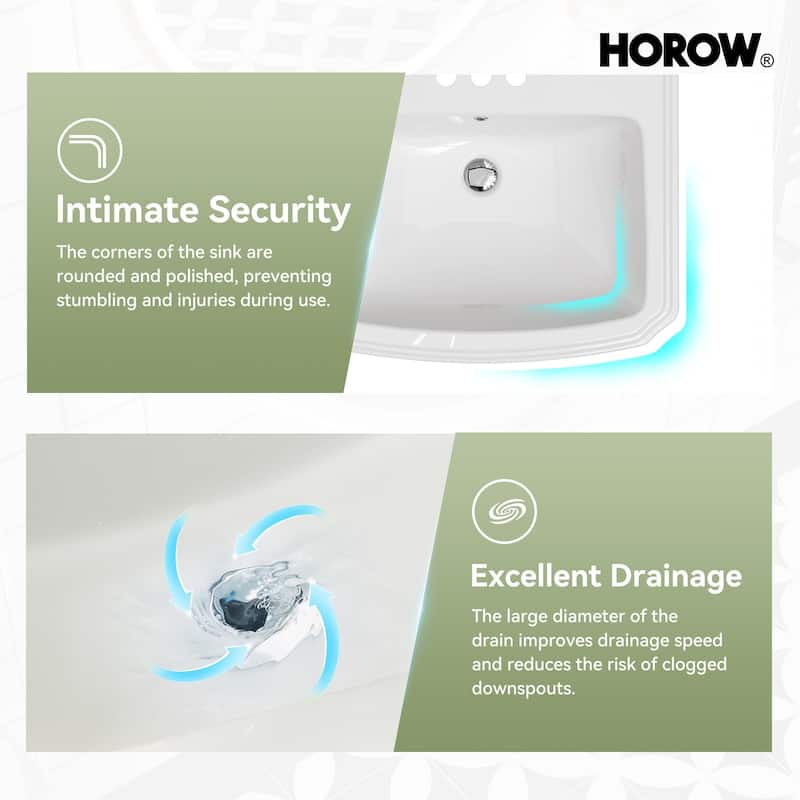 HOROW 23 in. W x18.5 in. D Rectangular Ceramic Pedestal Combo Bathroom Sink in White with Overflow Drain and 3-Faucet Holes