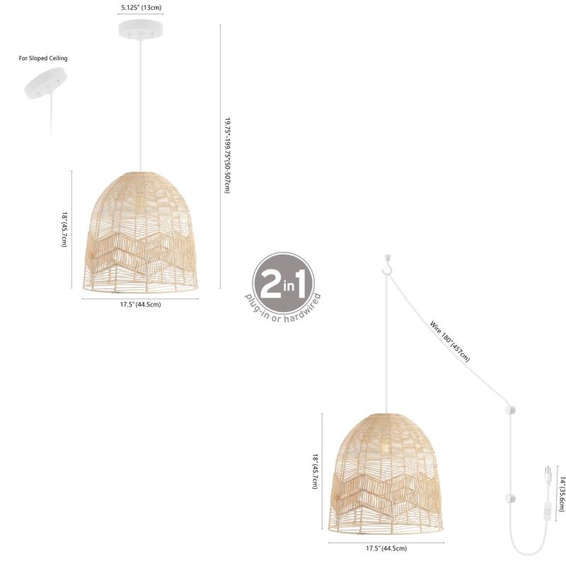Lucas 1-Light Farmhouse Coastal 180" Cord Plug-In or Hardwired LED Pendant, by JONATHAN Y
