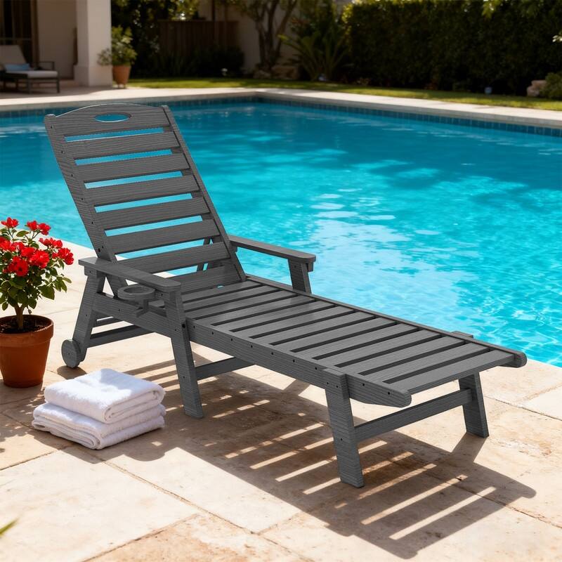Domi Patio Lounge Chair Outdoor, HDPE Outdoor Chaise Lounge with Reclining Backrest, Pool Lounger Chair for Outside, Poolside - Grey-1 Chair