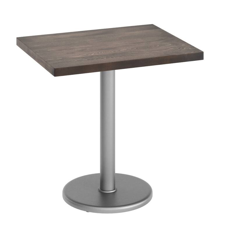 Rectangular Solid Wood Commercial Tabletop with 18" Round Dining Height Base - 24"W x 30"D x 29.5"H - Dark Brown Top/Silver Base
