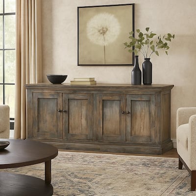 Miy Sideboard Buffet Cabinet, 4 Door, Antique Blue Pine Wood 83 Inch