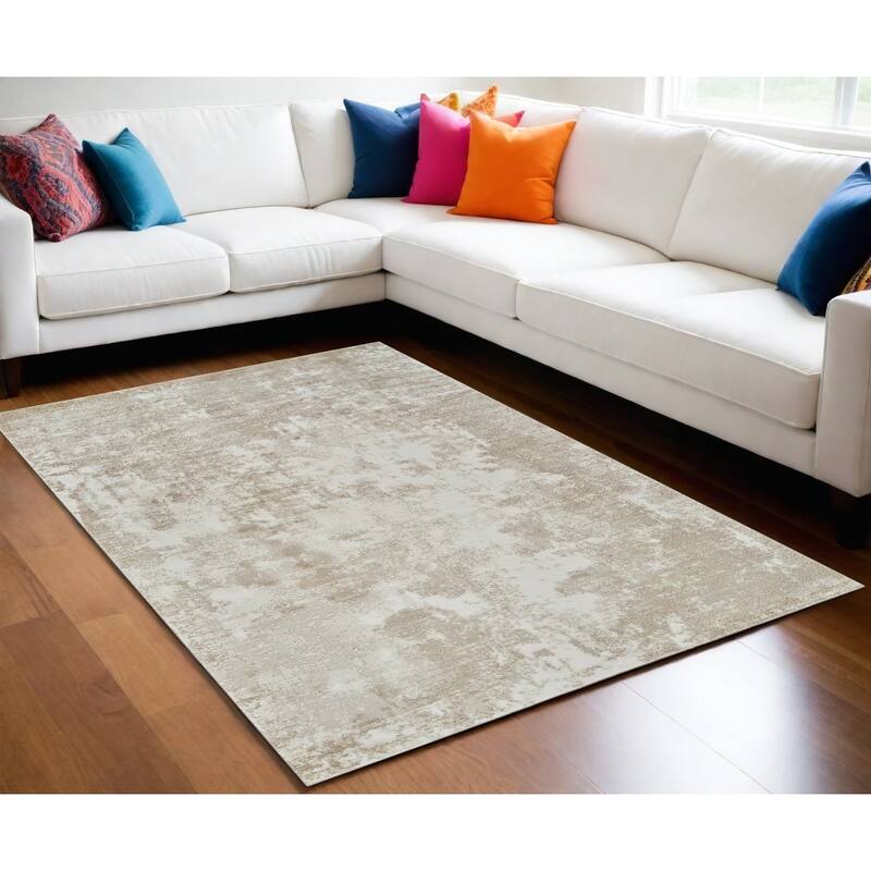 Distressed Abstract Modern Stain Resistant Woven Durable Area Rug - 5' X 8' - Cream and Beige - Rectangle