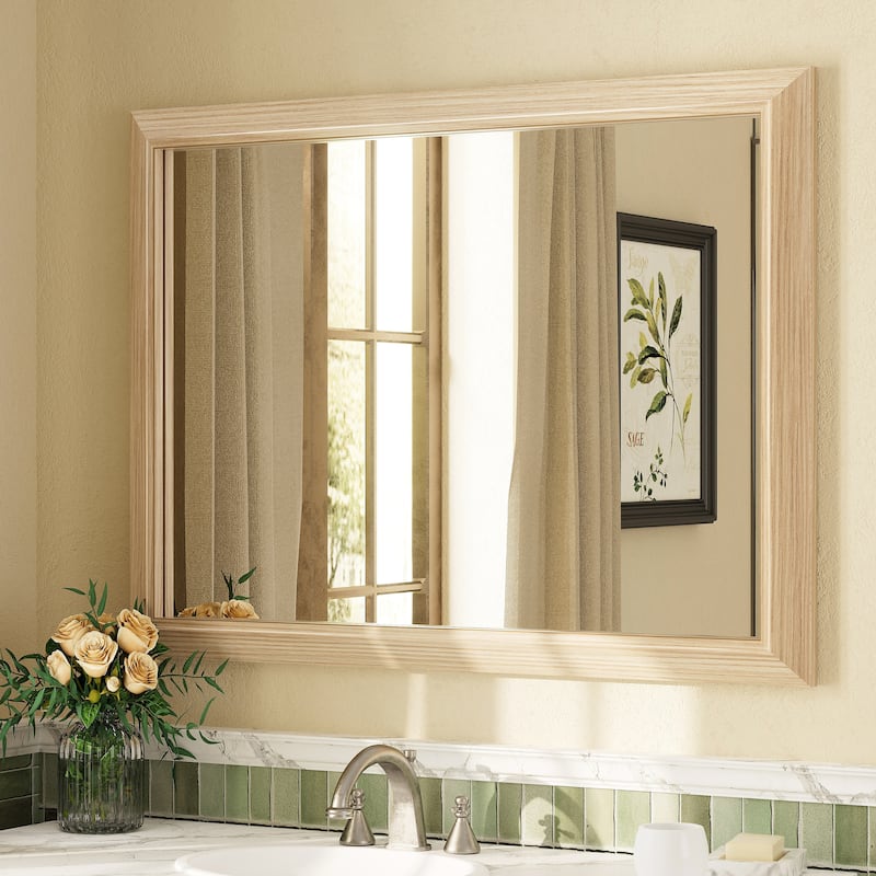 Beveled Metal Rectangle Framed Bathroom Vanity Tempered Glass Mirrors - 40" x 30" - Light Brown
