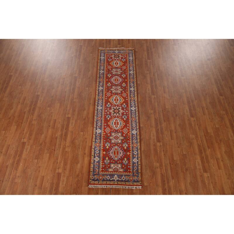 Geometric Kazak Indian Runner Rug Hand-knotted Wool Carpet - 2'8"x 10'0"