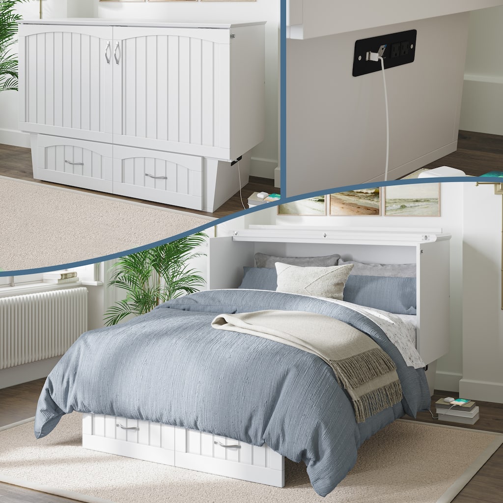 Nantucket Full Murphy Bed Chest with 6" Mattress, Storage Drawer & Built-In Charger in White
