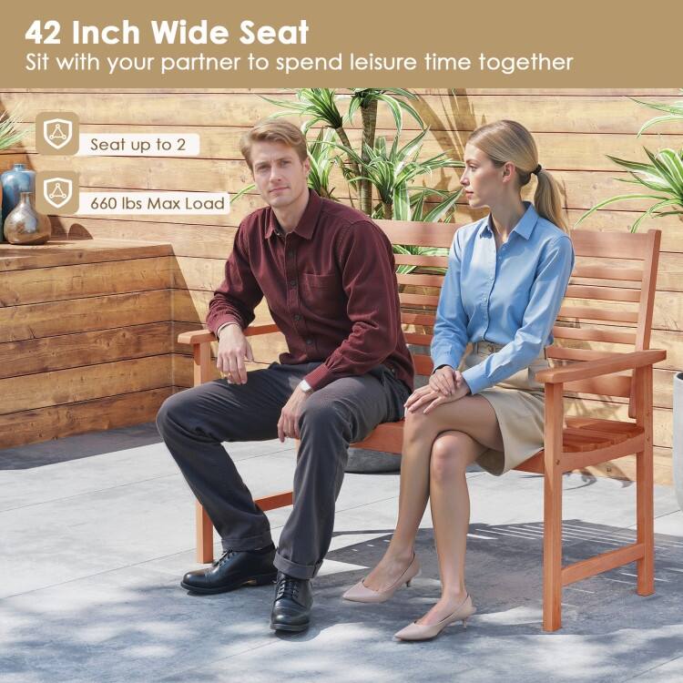 Teak Solid Wood Outdoor Loveseat with Ergonomic Backrest and Wide Armrests - 26" L x 47.5" W x 36" H