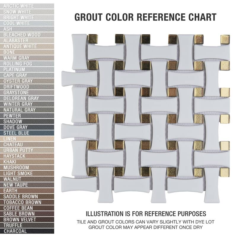 Merola Tile Metro Dog Bone Basketweave Matte White with Glass Gold Dot 10" x 10" Porcelain Mosaic Wall Tile