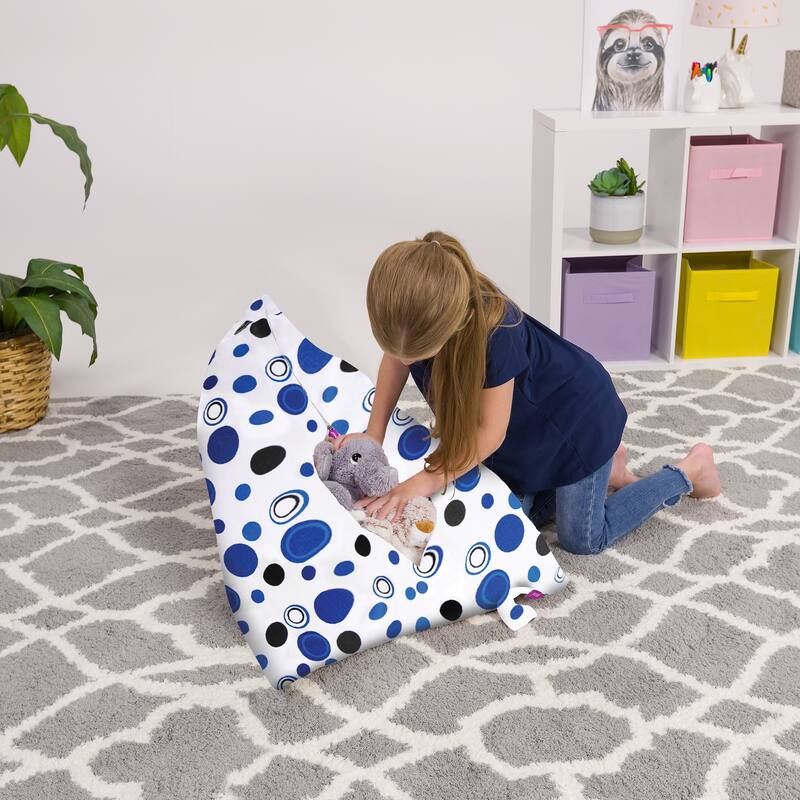 Stuffie Animal Storage Bean Bag Chair Cover, Room Organizer - 100 Liter Capacity Medium - Canvas Bubbles Blue and White