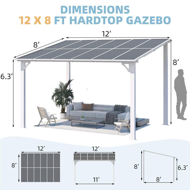 8x12ft Wall Mounted Gazebos Pergola, Outdoor Lean to Gazebo Awnings