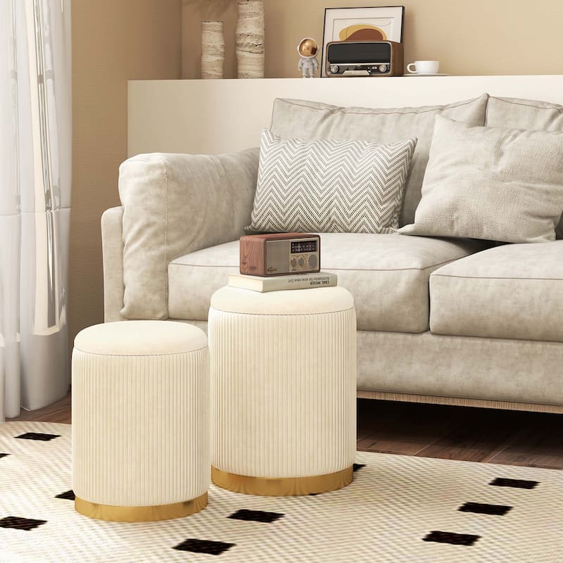 Costway Velvet Storage Ottoman Set of 2 Modern Round Ottoman with - See Details