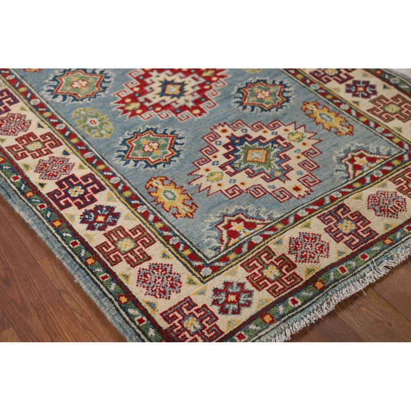 Light Blue Kazak Foyer Rug Hand-Knotted Traditional Wool Carpet - 2'11" x 3'11"
