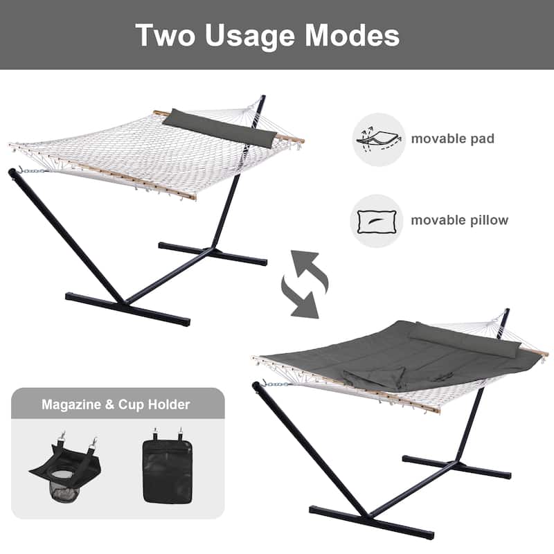 Rope Hammock with Detachable Pillow and Pad, 12FT Steel Stand Included
