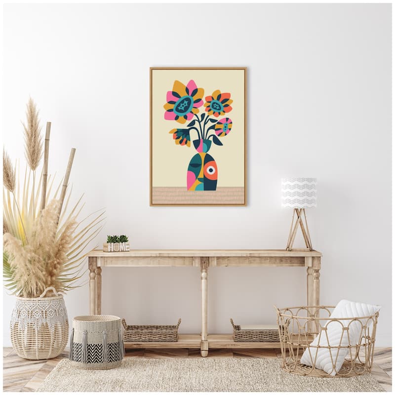 Kate and Laurel Sylvie Abstract Vintage Retro Sunflower Vase Framed Canvas by Rachel Lee