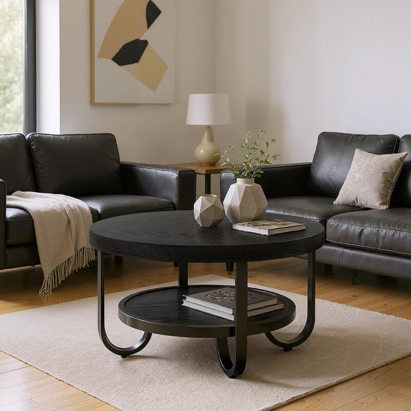 31.1" Brown MDF Industrial Coffee Table, 2-Tier Round Cocktail Tea Table with Metal Legs for Living Room, Receptionist Room