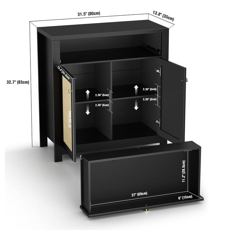Anmytek 2-Door Black Rattan Cabinet with Drawer Storage Sideboard Buffet 31.5"W x 13.7"D x 32.8"H