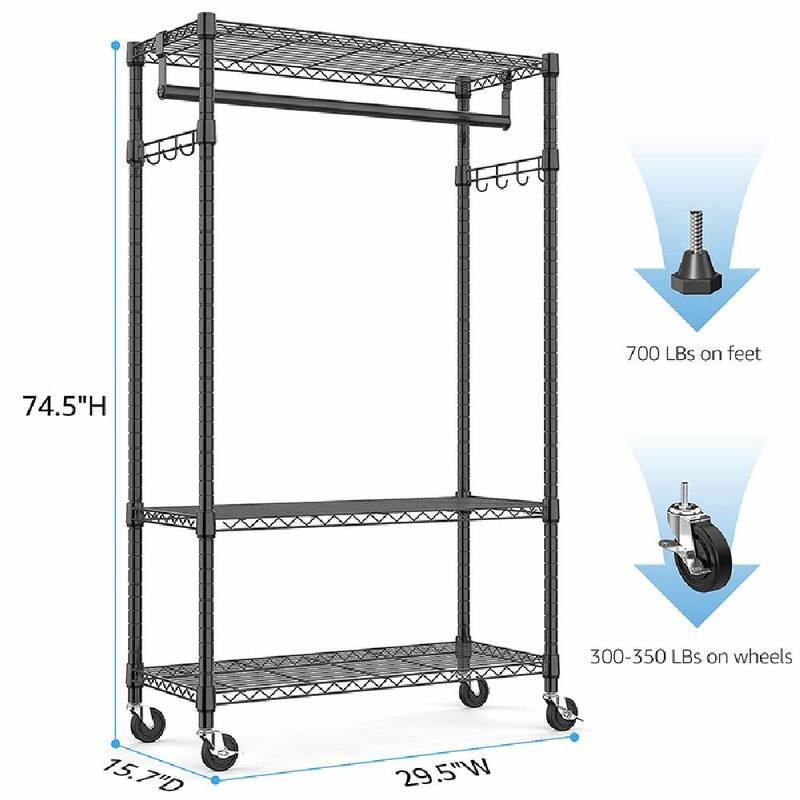 Heavy Duty Rolling Garment Rack with Wheels, 3-Tier Adjustable Wire Shelving, Clothes Rack with Rods & Side Hooks