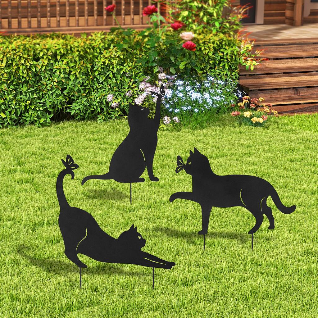 Glitzhome 2-in-1 Black Metal Cat Rabbit Duck Dog Silhouette Yard Stakes Wall Decor (Set of 3)
