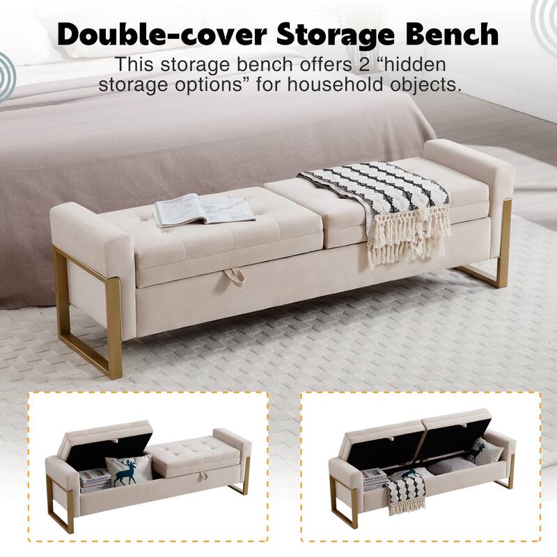 66" Storage Bench for Bedroom End of Bed with Double Lids and Gold Legs