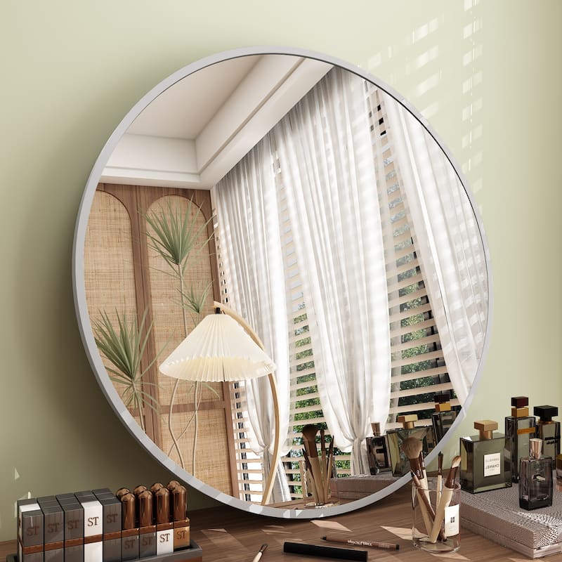 KIOTEE Full Length Round Aluminum Alloy Framed French Cleat Mounted Wall Decor Bathroom Vanity Mirror with 5-Year Warranty - 18x18 - Silver