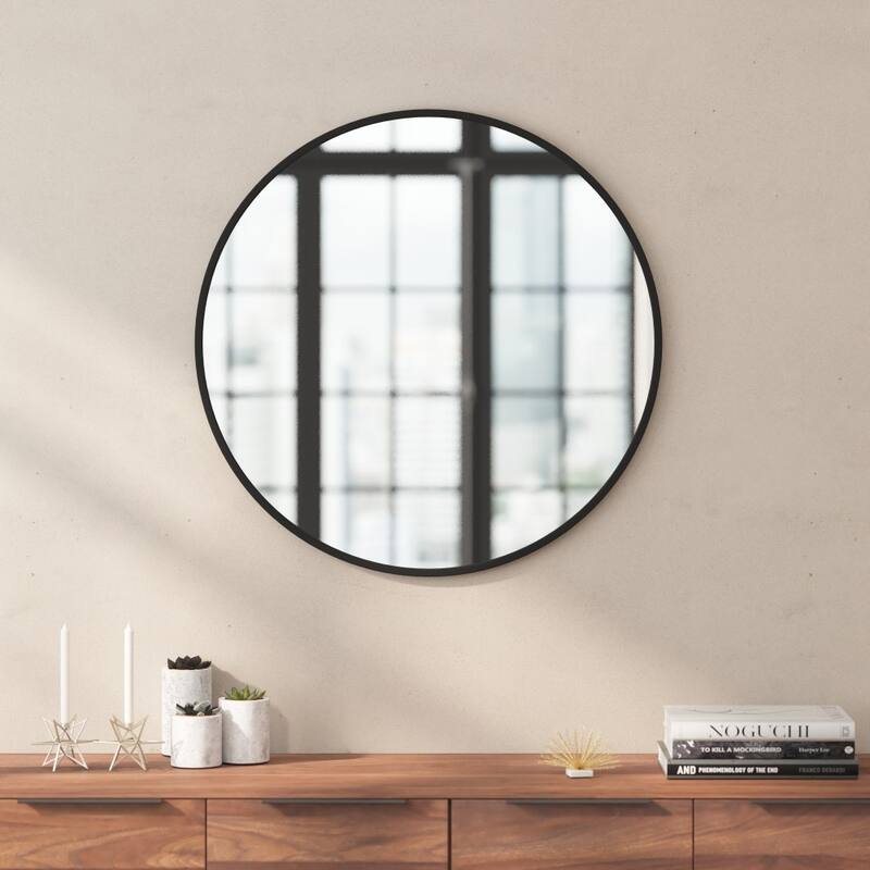 Wall Mount Shatterproof Round Accent Wall Mirror with Metal Frame - 30" - Black