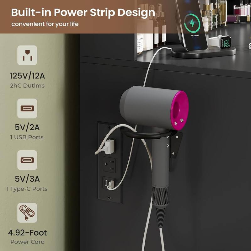 Makeup Vanity Trifold Mirror Charging Station 5 Drawers LED Light Hidden Jewelry Hook