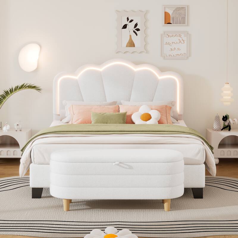 2-Pieces Bedroom Sets Upholstered LED Platform Bed with Storage Ottoman - Full - White