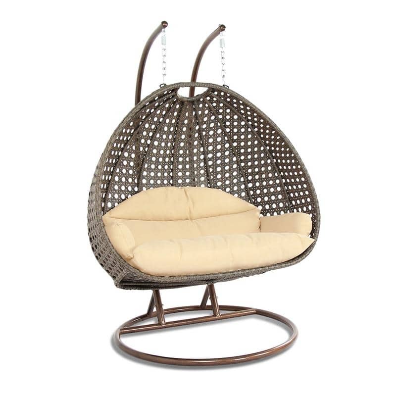 LeisureMod Modern 2-Person Egg Hanging Swing Chair with Beige Wicker, Oxford Fabric Cover, Patio Hammock Lounger and Cushions - Cream