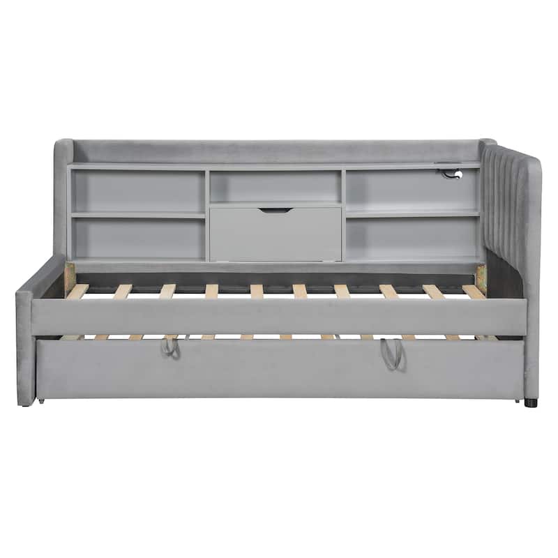 Compact Twin Upholstered Daybed – Built-In Trundle, Storage Shelves & USB Charging Station‌