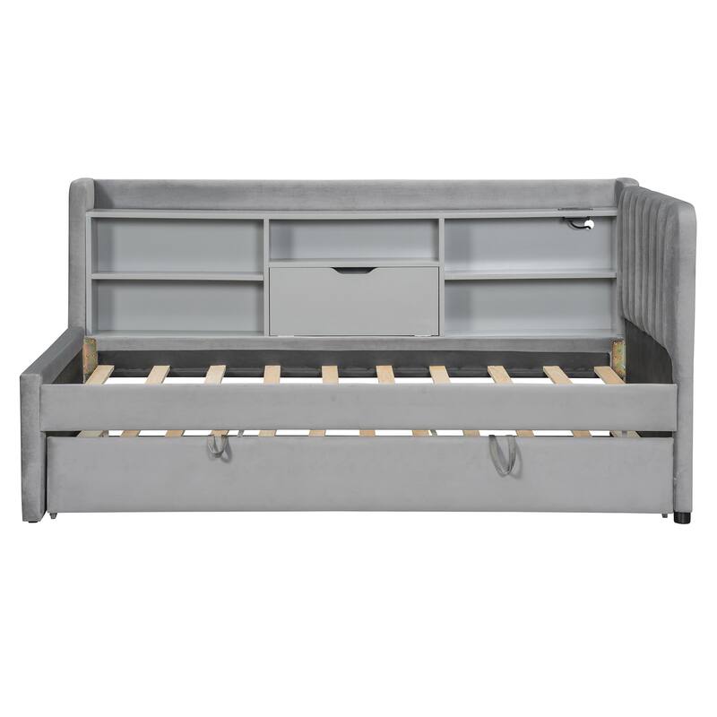 Twin Size Upholstered Daybed with Pop Up Trundle and Storage Shelves & Socket