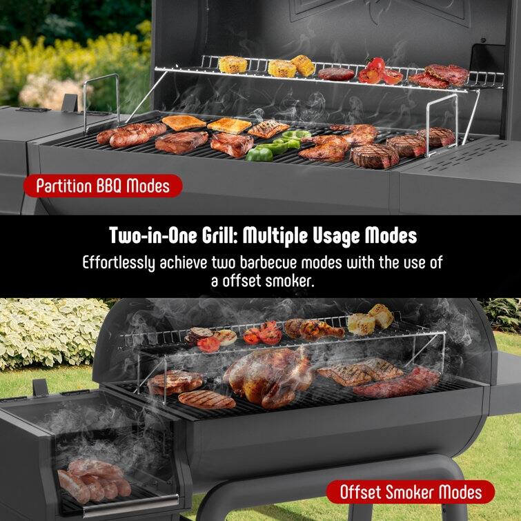 Feasto 28in Charcoal Barrel Grill With Offset Smoker Grill and Side Table