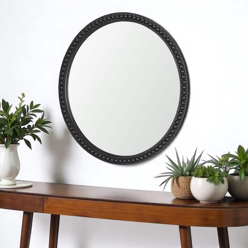 HomeRoots 30" Black Solid Wood Beaded Round Framed Accent Mirror - 30.04 in. x 30.04 in. x 1.48 in. - 30.04 in. x 30.04 in.  x 1.48 in.