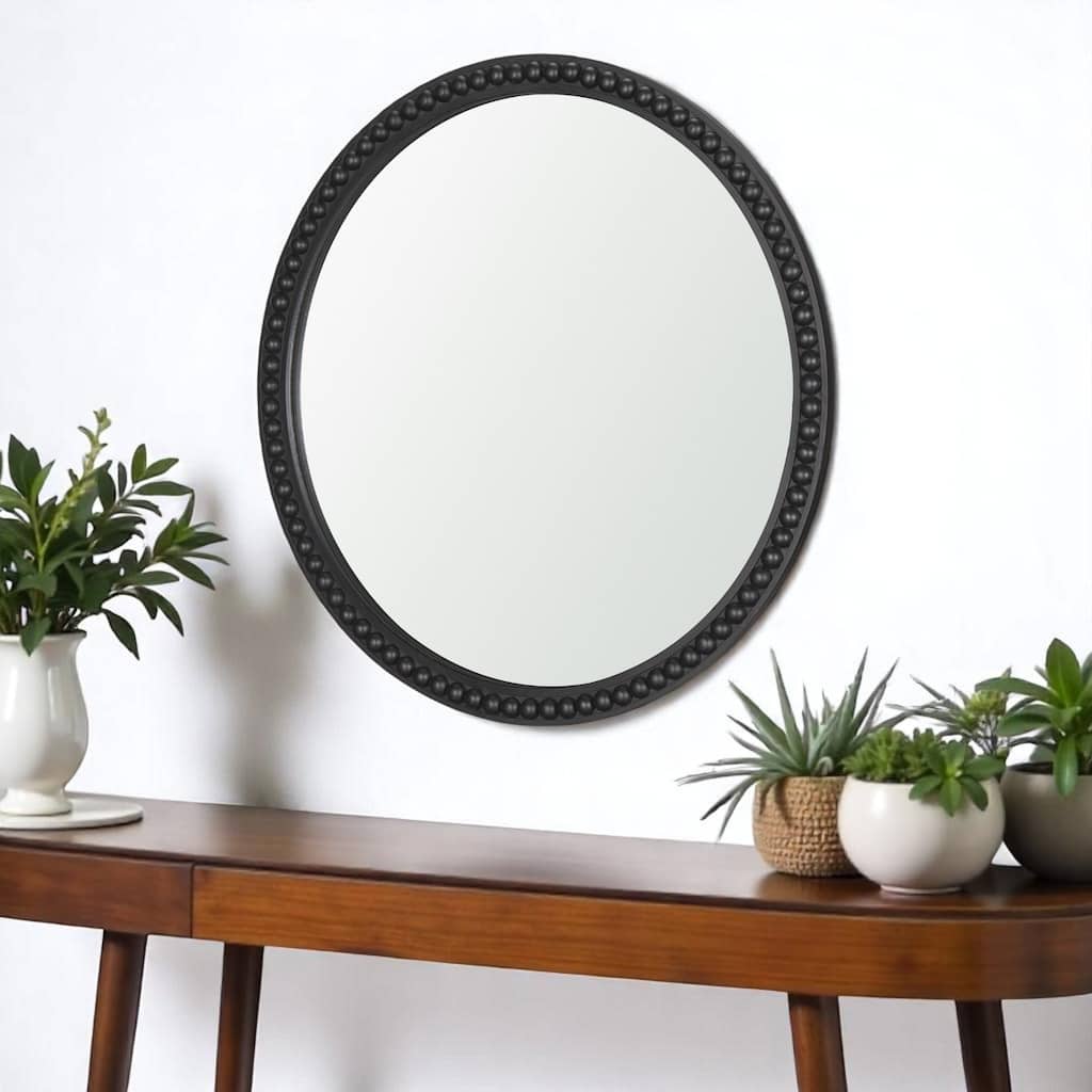 HomeRoots 30" Black Solid Wood Beaded Round Framed Accent Mirror - 30.04 in. x 30.04 in. x 1.48 in.