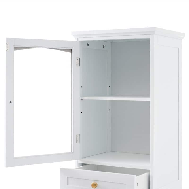 Freestanding Bathroom Cabinet with Glass Door and 2 Storage Drawers, Tall Storage Cabinet Floor Cabinet with Adjustable Shelves