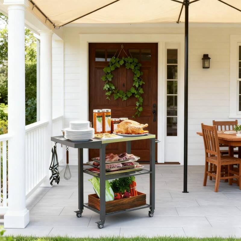 GDFStudio Outdoor Aleron Stainless Steel Three-Shelf Outdoor Grill Cart Table with Hooks