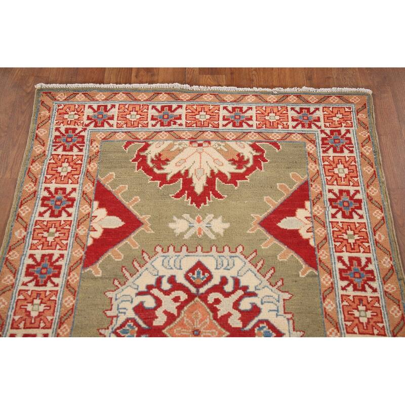 Geometric Green Kazak Oriental Accent Rug Handmade Wool Carpet - 3'3"x 5'1"