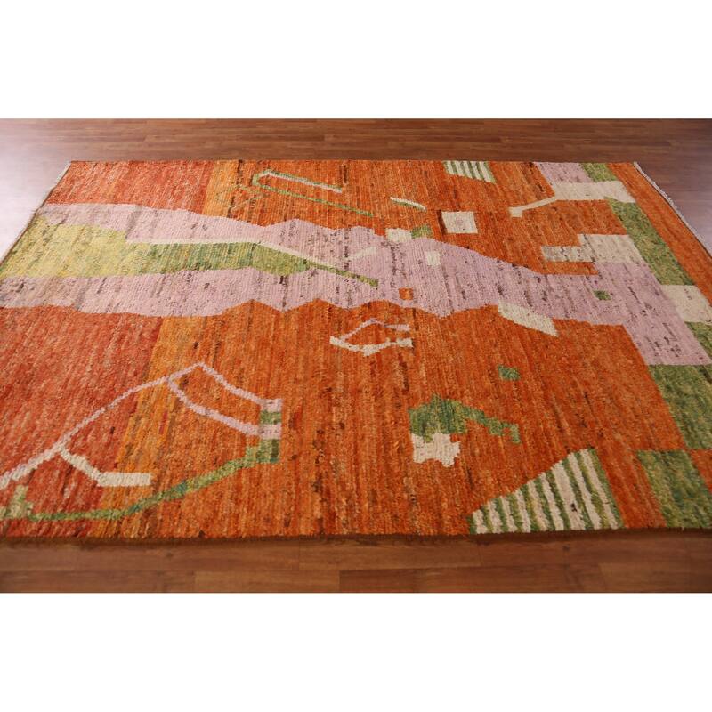 Orange Moroccan Area Rug Hand-Knotted Oriental Wool Carpet - 6'7" x 9'9"