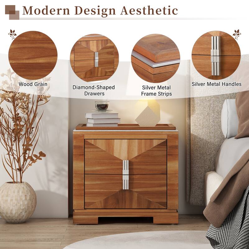 Mid-Century Modern Nightstand for Bedroom, 2 Drawers Sofa Side Table, Wooden Diamond Shaped Bedside Table - Light Brown