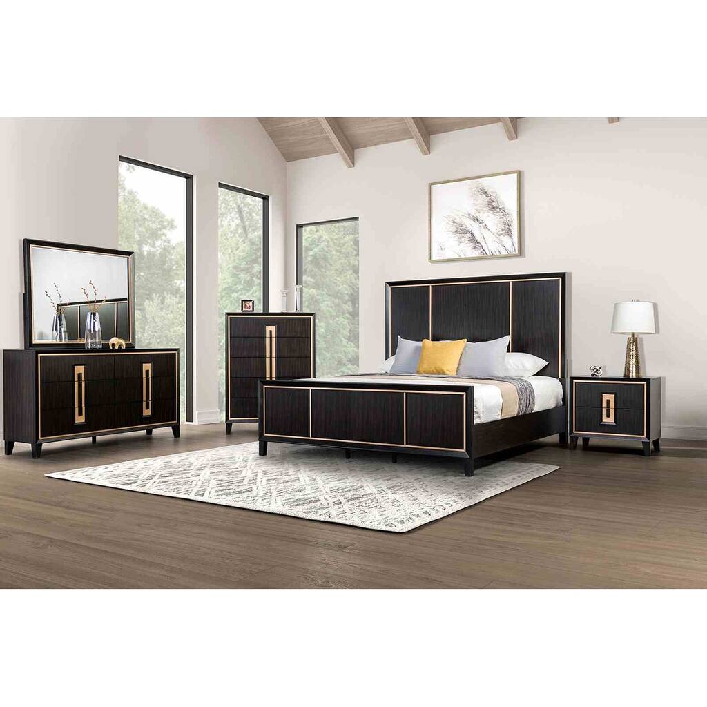Contemporary Espresso Finish Bedroom Furniture Set with Gold Trim Accents