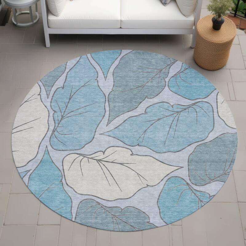 Machine Washable Indoor/ Outdoor Contemporary Floral Chantille Rug - Teal - 8' x 8'