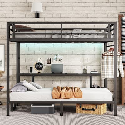 Queen Over Twin XL Black Metal Bunk Bed with Foldable Lower Bed, Light Strip, Desk and Shelves, High Loft Bed with Clothes Rail