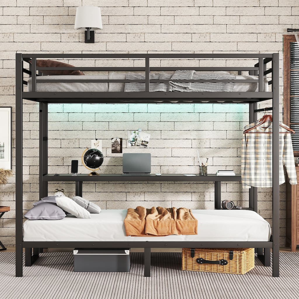 Queen Over Twin XL Black Metal Bunk Bed with Foldable Lower Bed, Light Strip, Desk and Shelves, High Loft Bed with Clothes Rail