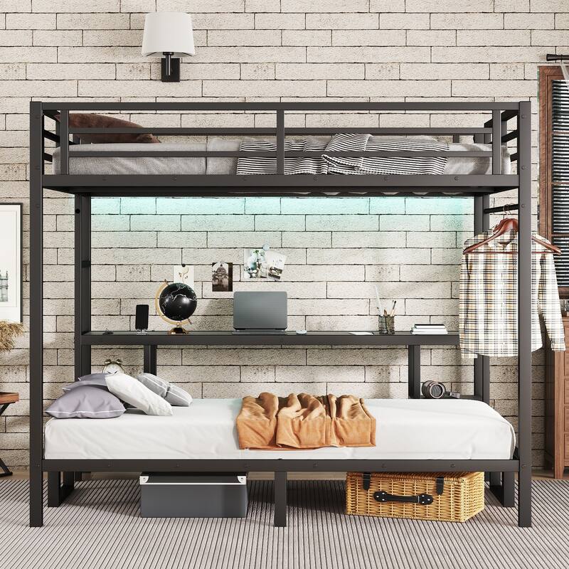 Roomfitters Queen Over Twin XL Metal Bunk Bed with Desk, Shelves, Foldable Sofa, LED Lighting & USB Ports, Black