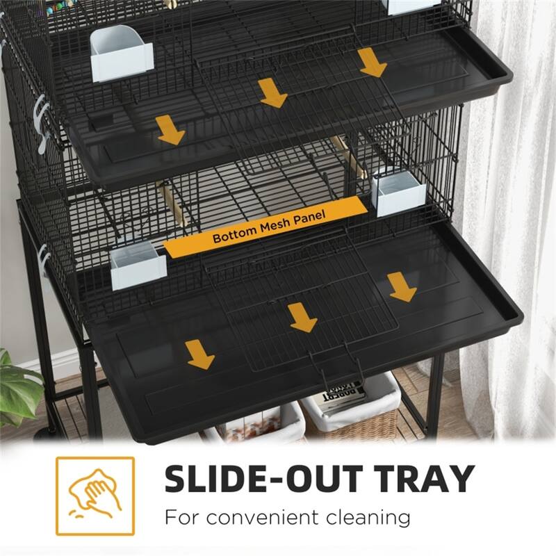 Deluxe Black Steel Bird Cage with Stand, Wheels & Accessories Ideal for Small Parrots - 30.25" L x 17.75" W x 64.5" H