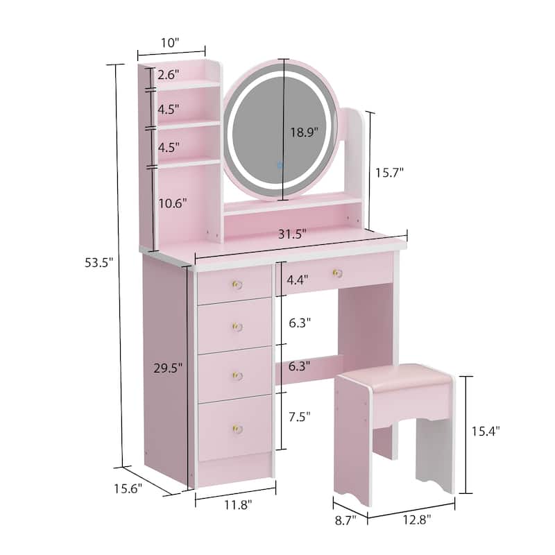 5-Drawers Makeup Vanity Table Set with Lighted Mirror (PINK/BLACK) - 52"H