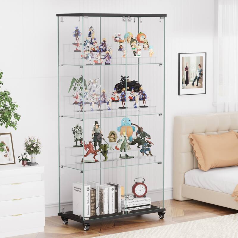 4 Tier Glass Display Cabinet, Double Door Glass Cabinet with Two Locks, Floor Standing Storage Cabinet with 6 Acrylic Shelves