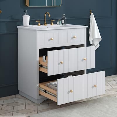 30" Modern White Bathroom Vanity Cabinet with Ceramic Sink, 2 Drawers