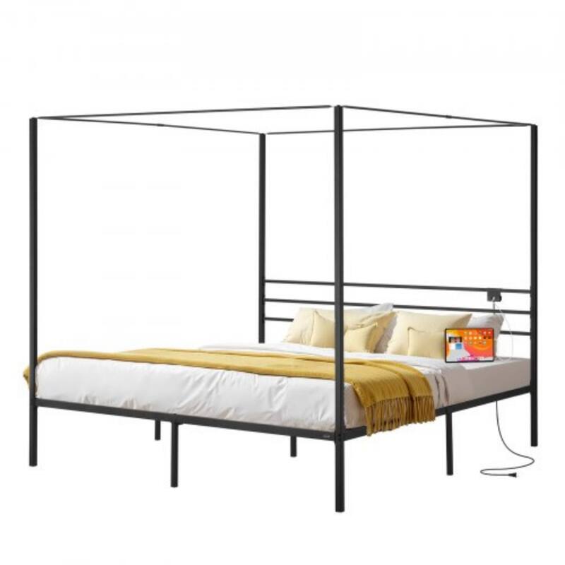 Black Metal Canopy Bed Frame King Size with 12.4 Inch Storage Space and Strong Slats