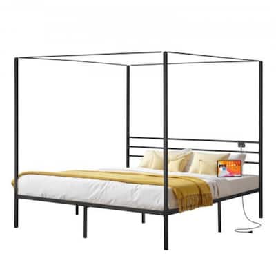 Black Metal Canopy Bed Frame King Size with 12.4 Inch Storage Space and Strong Slats